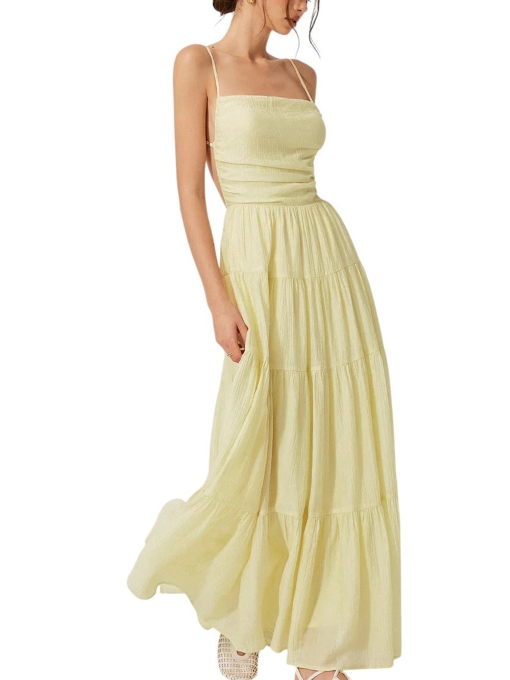 Commense Butter Yellow Backless Tiered Tencel Maxi Dress XS NWT Open Back